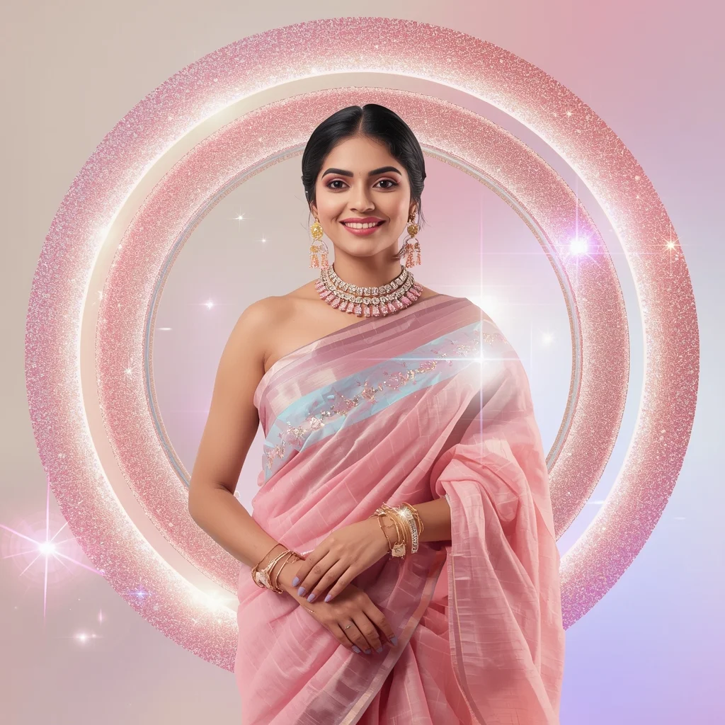 Festive Pastel Saree Glowing Stardust Ring Orbit Collage Luxury Cinematic | Saree Prompt For Gemini Girl In English
