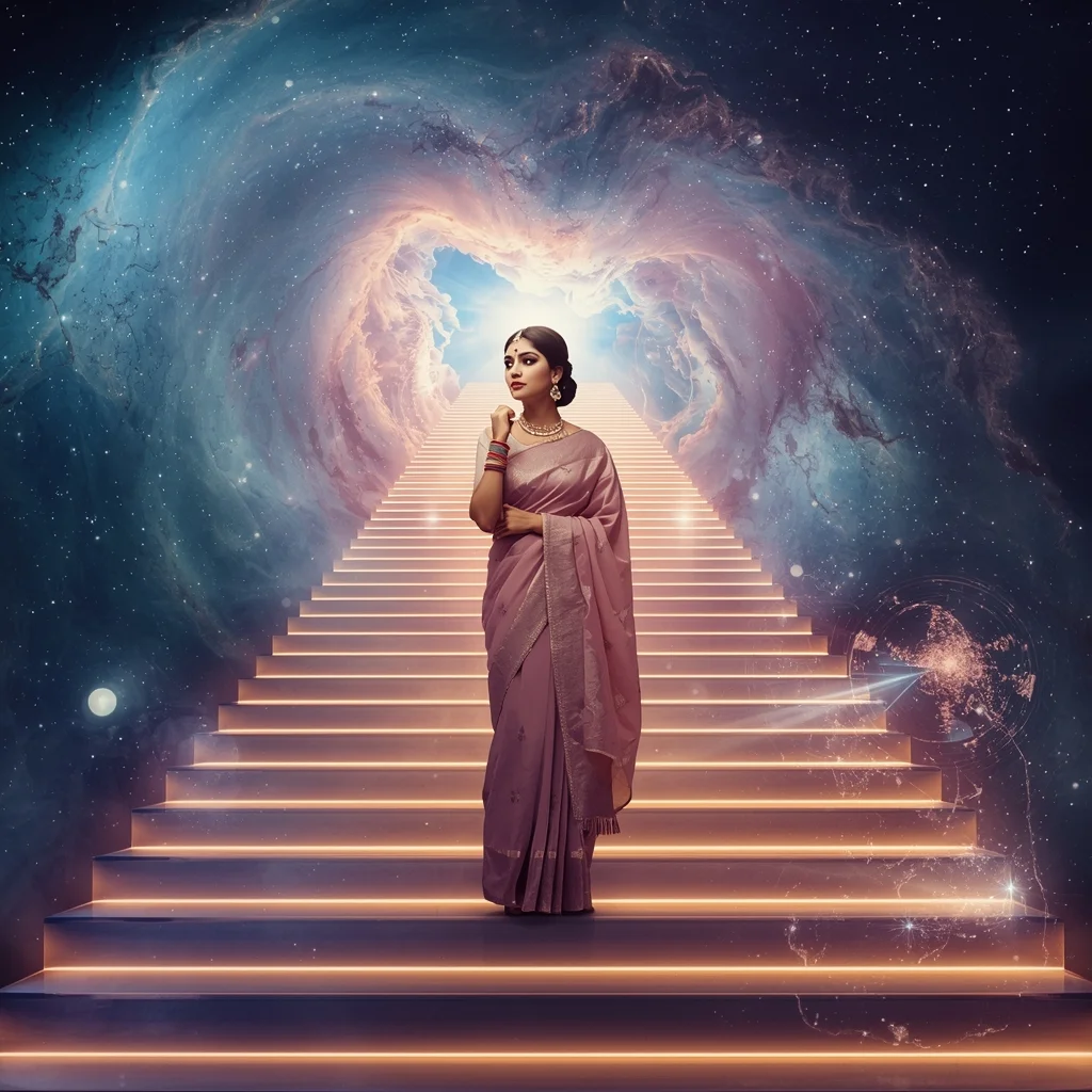 Festive Pastel Saree Grand Infinite Cosmic Staircase Collage | Majestic Nebula Prompt | Saree Photoshoot Ai Prompt