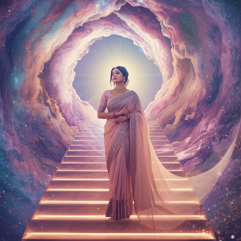 Festive Pastel Saree Grand Majestic Infinite Cosmic Staircase Collage | Nebula Galaxy Prompt | Saree Prompt For Gemini