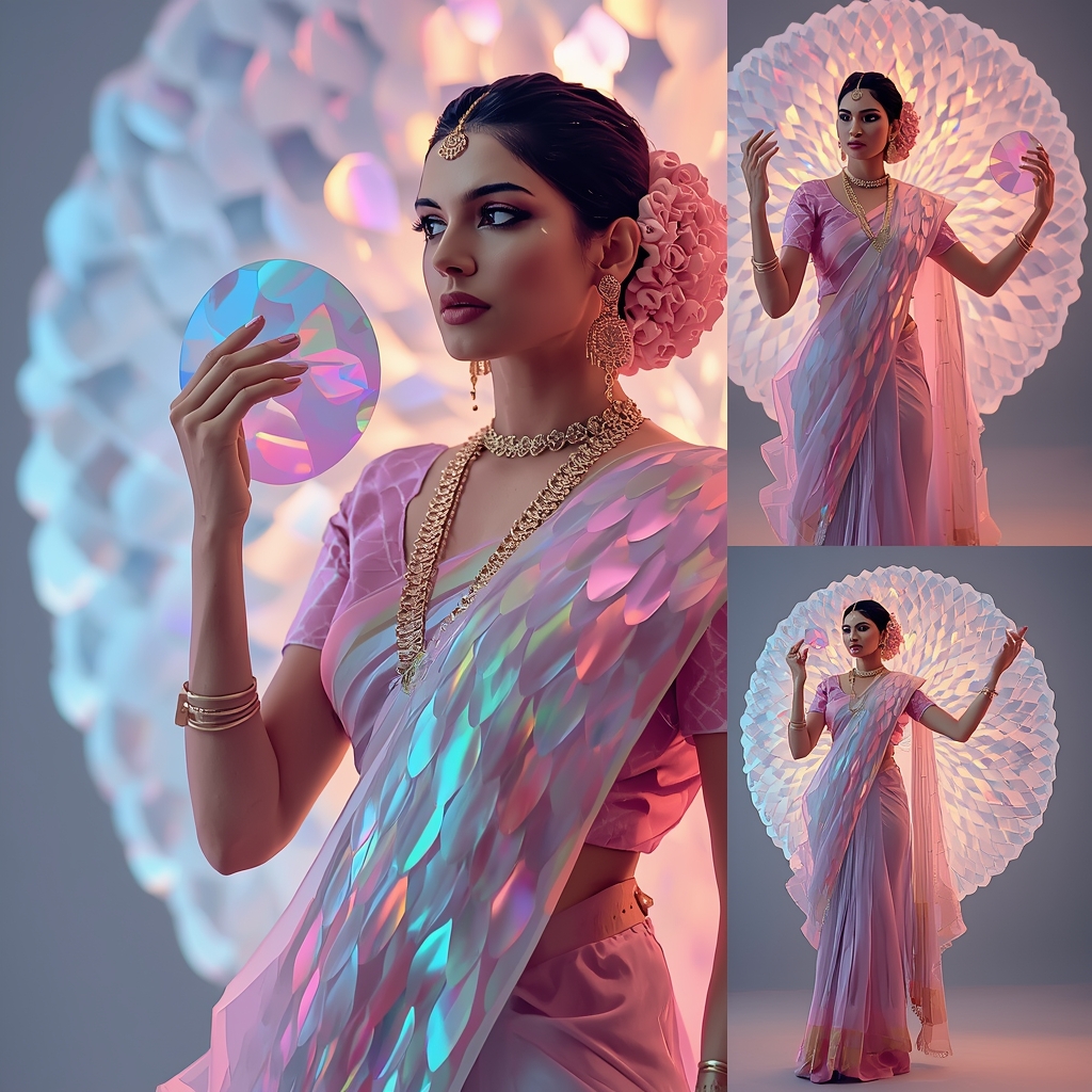 Festive Pastel Saree Holographic Dragon Scale Aura Collage Modern Cinematic | Gemini Saree Prompt For Instagram