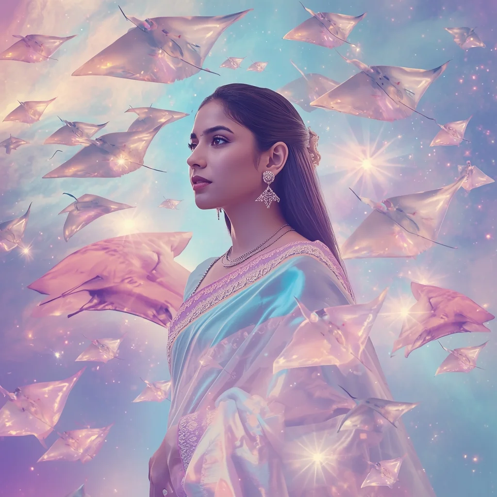 Festive Pastel Saree Holographic Nebula Stingray Collage Modern Cinematic | Prompt For Girls College