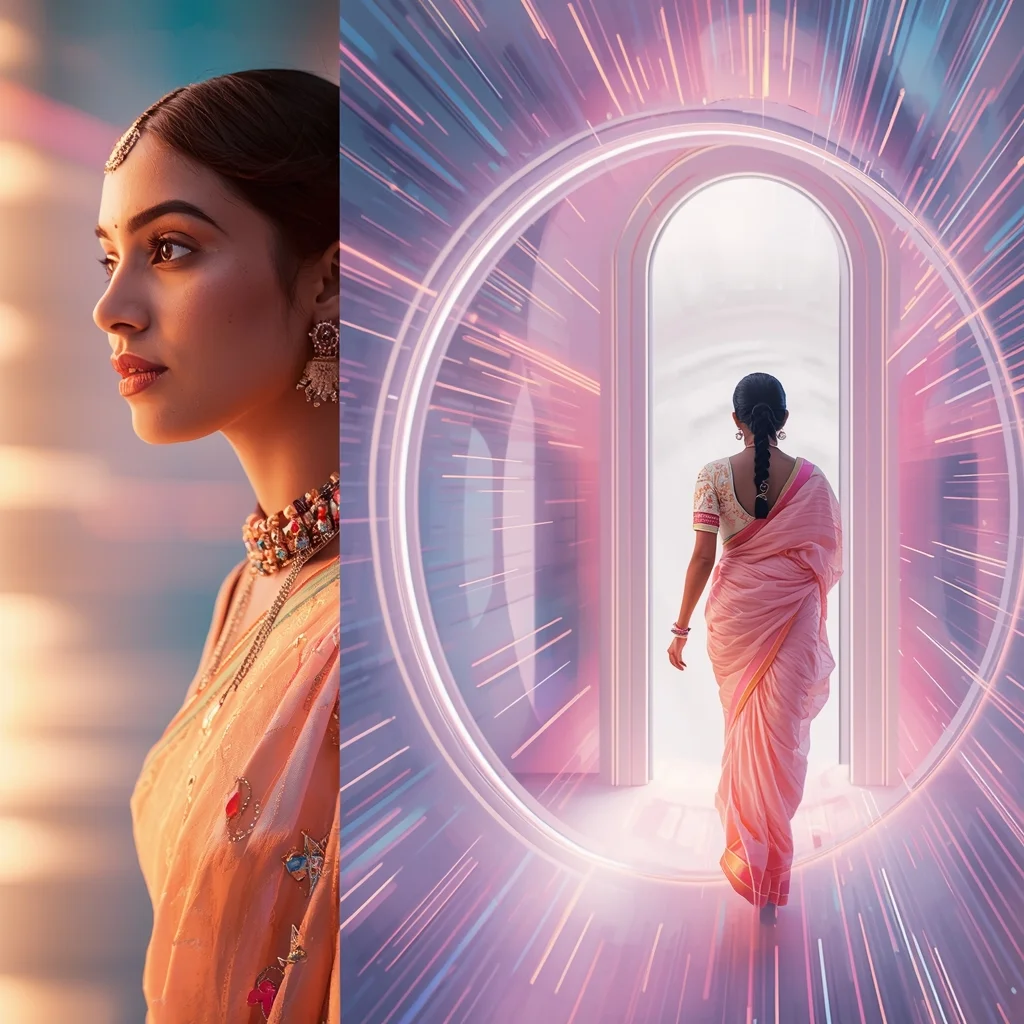 Festive Pastel Saree Hyper Portal Warp Collage | Indian Girl Space Warp Aesthetic Cinematic Viral Prompt | Saree Prompt For Instagram