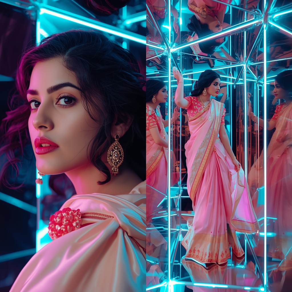 Festive Pastel Saree Hypercube Dimension Shift Collage | 4D Reality Prompt | Indian Girl Saree Ai Prompt 4k Realistic