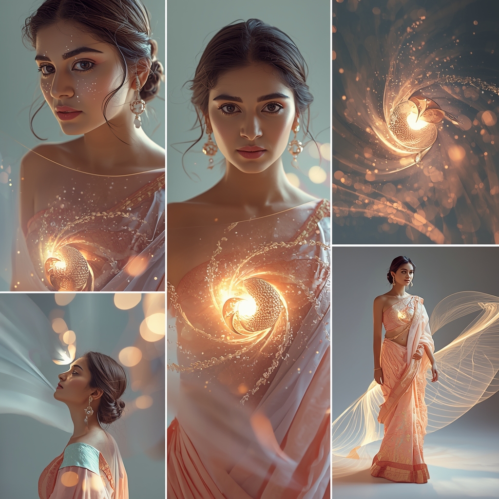 Festive Pastel Saree Hypnotic Ripple Vortex Energy Core Collage | Mesmerizing Glow Prompt | Aesthetic Saree Ai Prompt