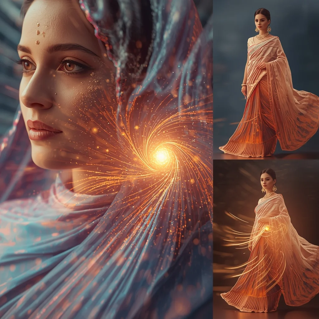 Festive Pastel Saree Hypnotic Ripple Vortex Energy Core Collage | Mesmerizing Glow Prompt | Saree Prompt For Gemini Ai