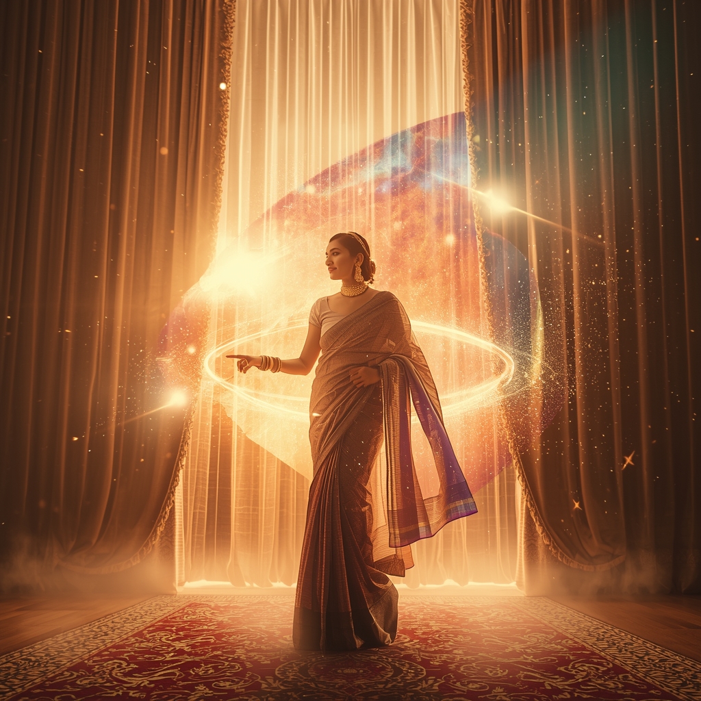 Festive Pastel Saree Imperial Cosmic Curtain Galaxy Burst Collage | Regal Symphony Prompt | Gemini Ai Prompt