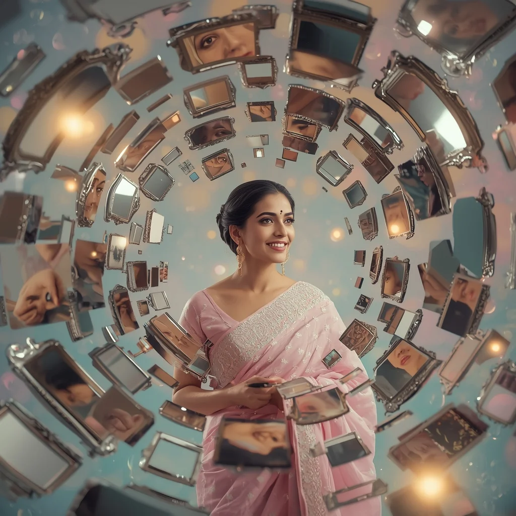 Festive Pastel Saree Infinite Floating Antique Mirror Collage Premium Cinematic | New Prompt Chatgpt