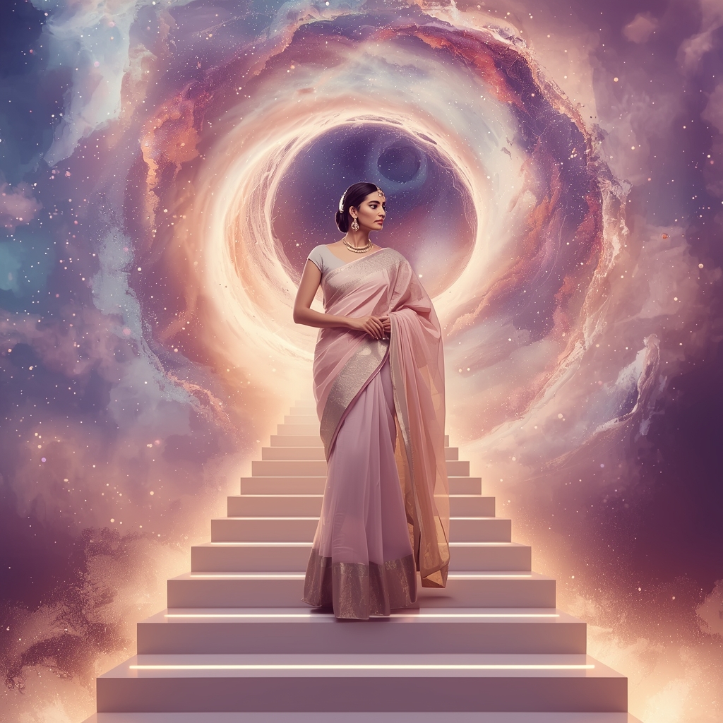 Festive Pastel Saree Infinite Stair Nebula Vortex Collage | Cosmic Structure Prompt | Indian Saree Ai Prompt