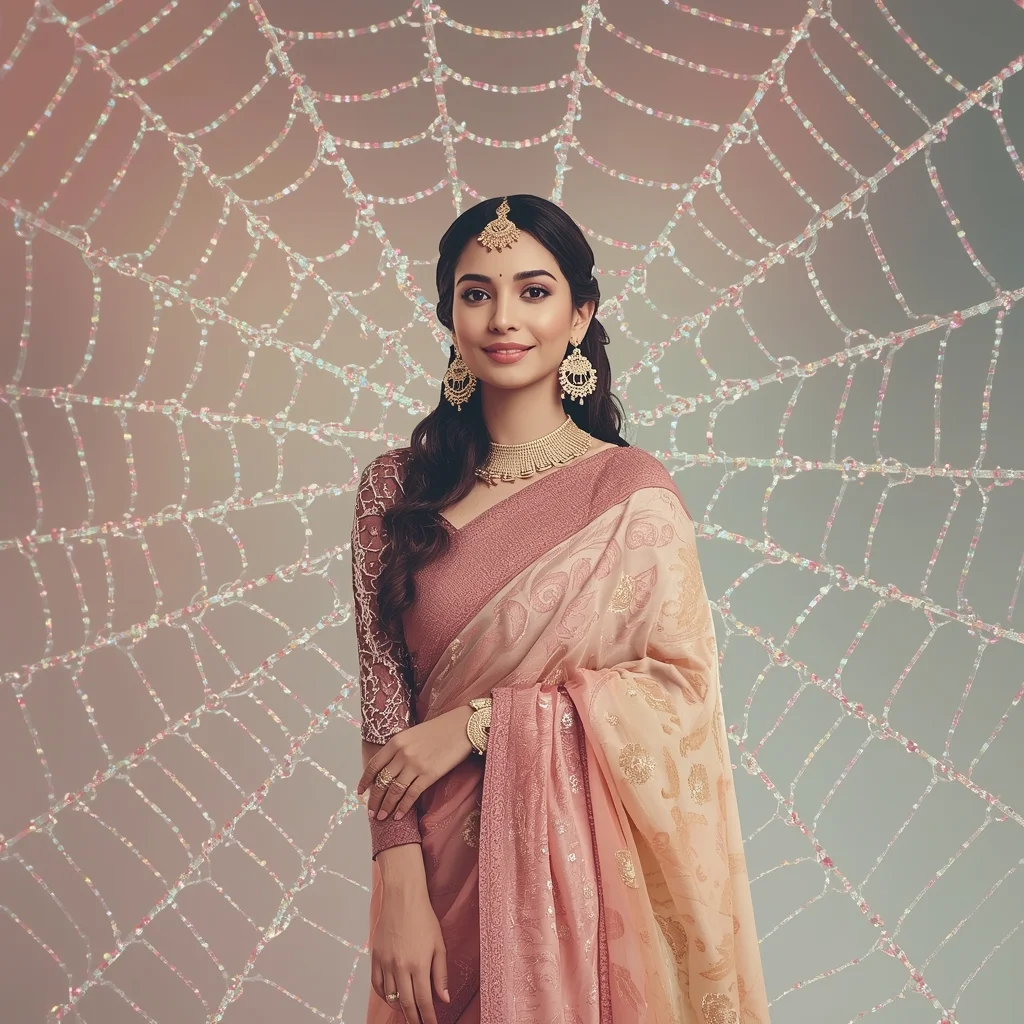 Festive Pastel Saree Intricate Diamond Thread Spiderweb Collage Luxury Cinematic | Prompt For Gemini Ai Girl In Kurti