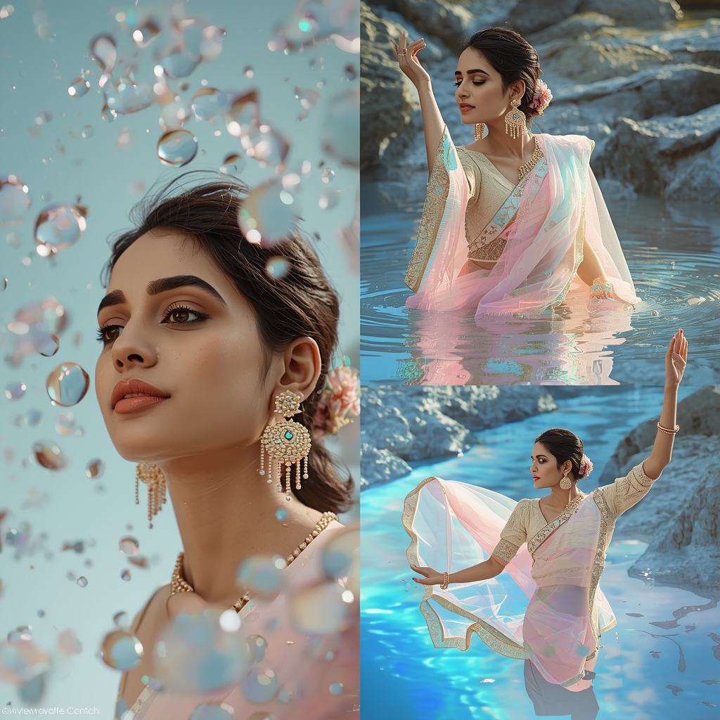 Festive Pastel Saree Liquid Opal River Floating Collage Premium Cinematic | Beautiful Saree Girl Ai Prompt