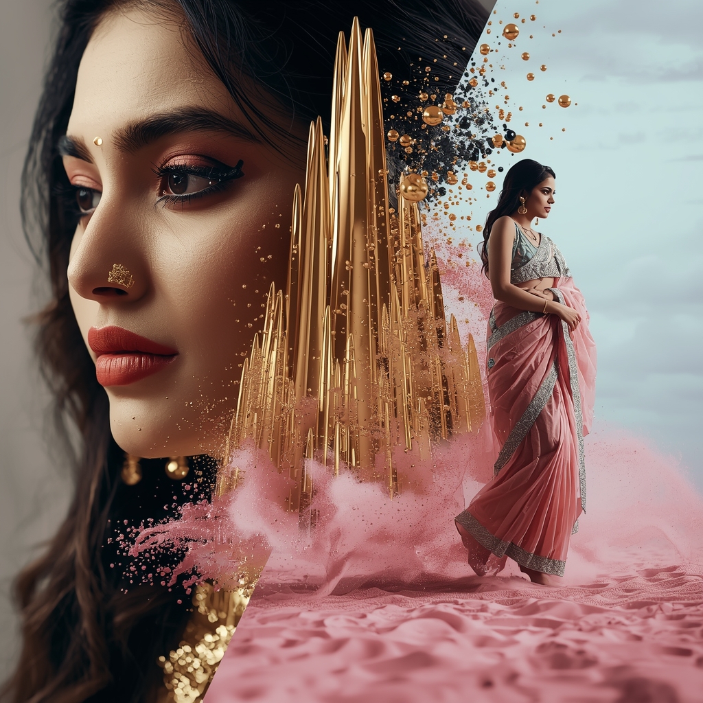Festive Pastel Saree Magnetic Ferrofluid Spire Dancing Kinetic Sand Collage | Dark Matter Opulence Prompt | Gemini Ai Saree Photo
