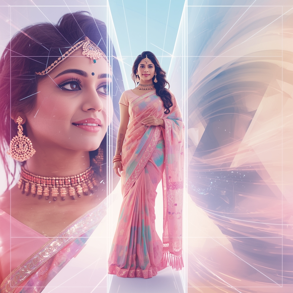 Festive Pastel Saree Magnetic Grid Tornado Dimension Collage | Futuristic Power Prompt | Saree Look Ai Prompt Modern Style