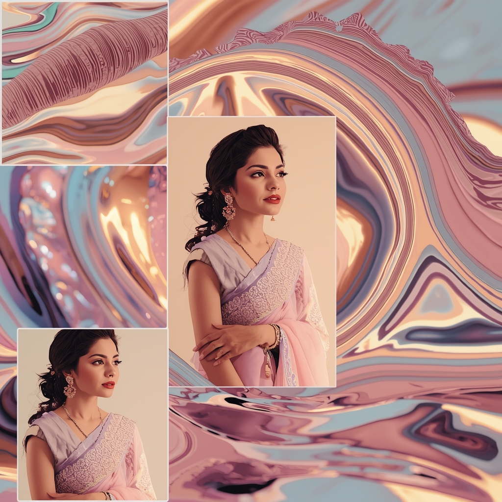 Festive Pastel Saree Mirror Wave Collage | Indian Girl Reflection Motion Aesthetic Soft Cinematic Viral Prompt | Saree Dp Ai Prompt
