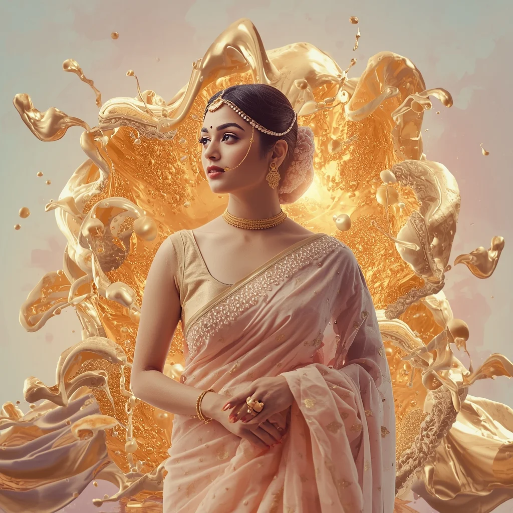 Festive Pastel Saree Molten Pearl and Gold Lava Collage Cinematic Aesthetic | Saree Ai Prompt