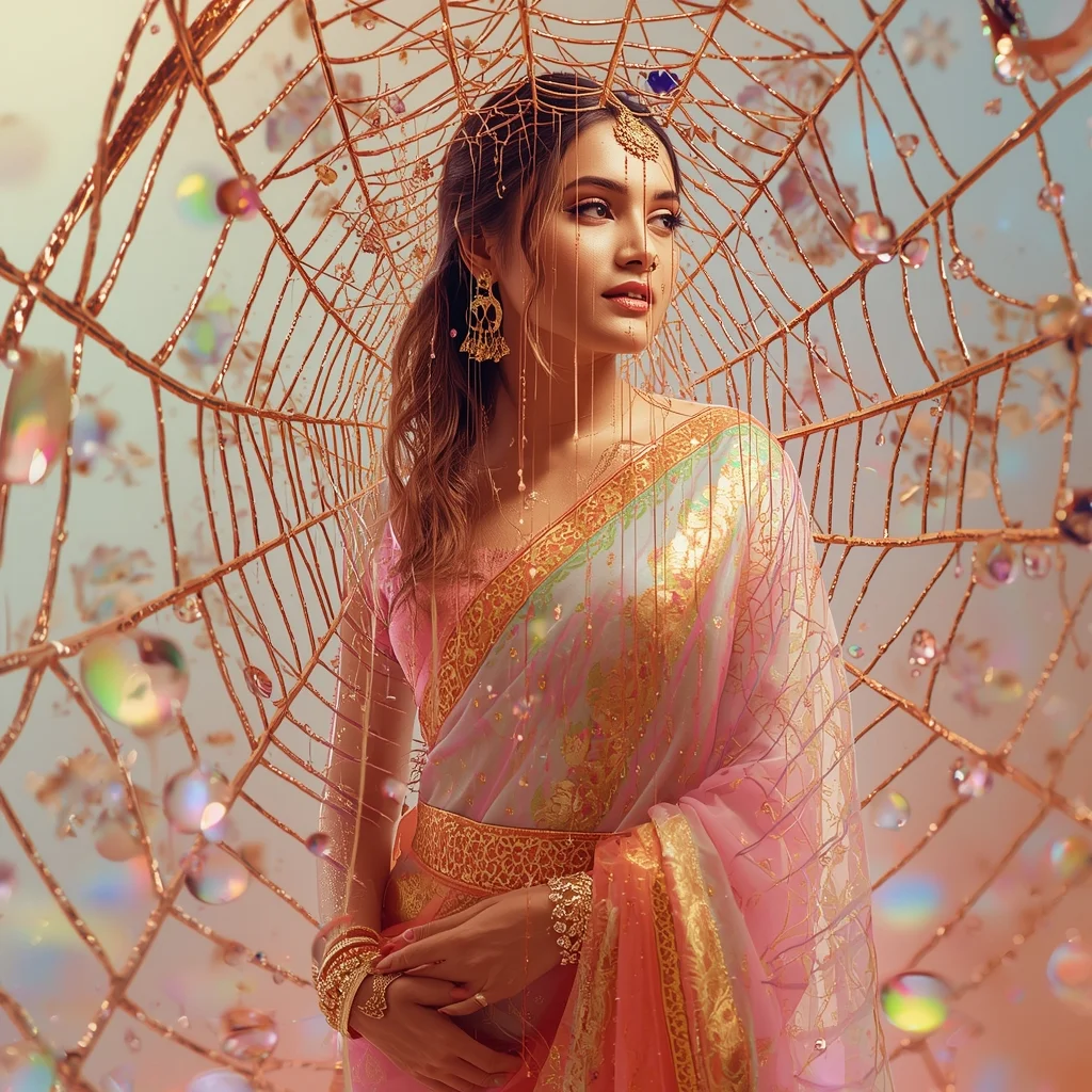 Festive Pastel Saree Molten Rose-Gold Holographic Dew Collage Luxury Cinematic | Saree Whatsapp Dp Ai Prompt