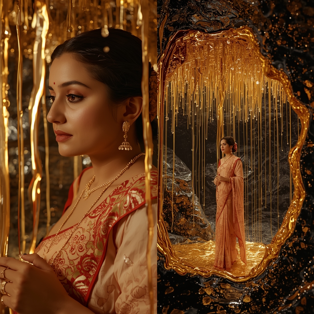 Festive Pastel Saree Obsidian Glass Liquid Gold Cavern Collage Luxury Cinematic | Saree Look Ai Prompt Modern Style