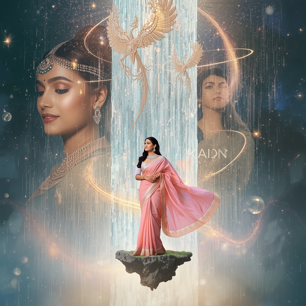 Festive Pastel Saree Phoenix Crystal Waterfall Portal Collage | Mythical Legendary Prompt | Indian Girl Ai Prompt