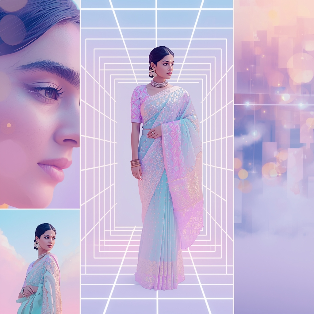 Festive Pastel Saree Quantum Grid Collage | Indian Girl Futuristic Glow Aesthetic Soft Cinematic Ultra Realistic Viral Prompt | Saree Prompt Generator