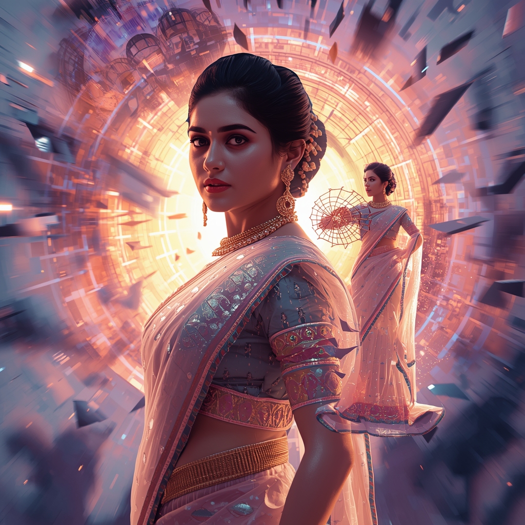 Festive Pastel Saree Quantum Magnetic Grid Tornado Collage | Hyper Futuristic Prompt | Cinematic Saree Ai Prompt