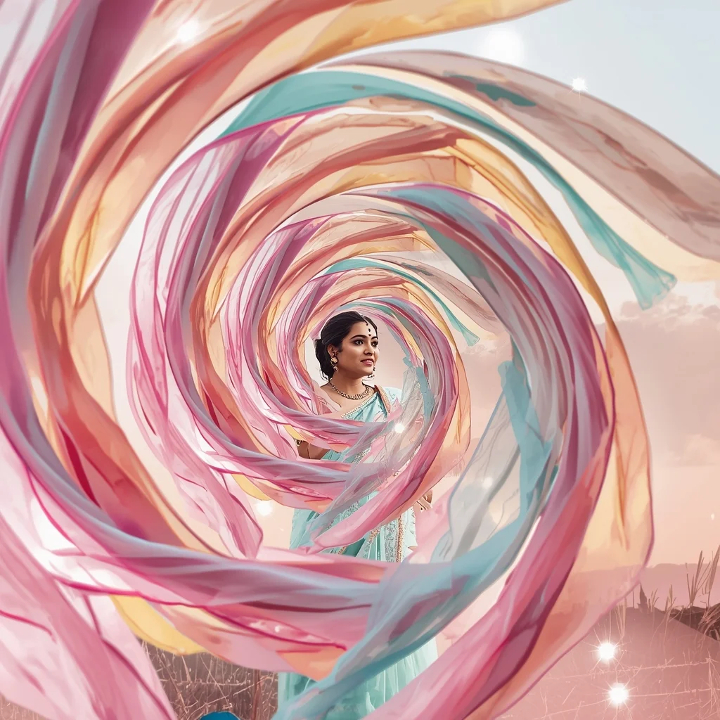 Festive Pastel Saree Ribbon Spiral Collage | Indian Girl Motion Flow Aesthetic Cinematic Viral Prompt | Saree Photoshoot Prompt Ultra Realistic