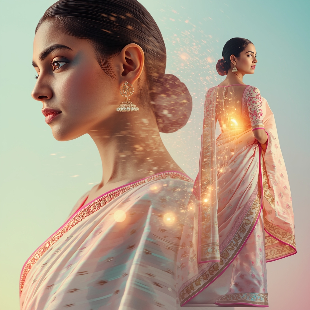 Festive Pastel Saree Ripple Vortex Magnetic Core Collage | Glow Motion Prompt | Gemini Saree Prompt For Woman