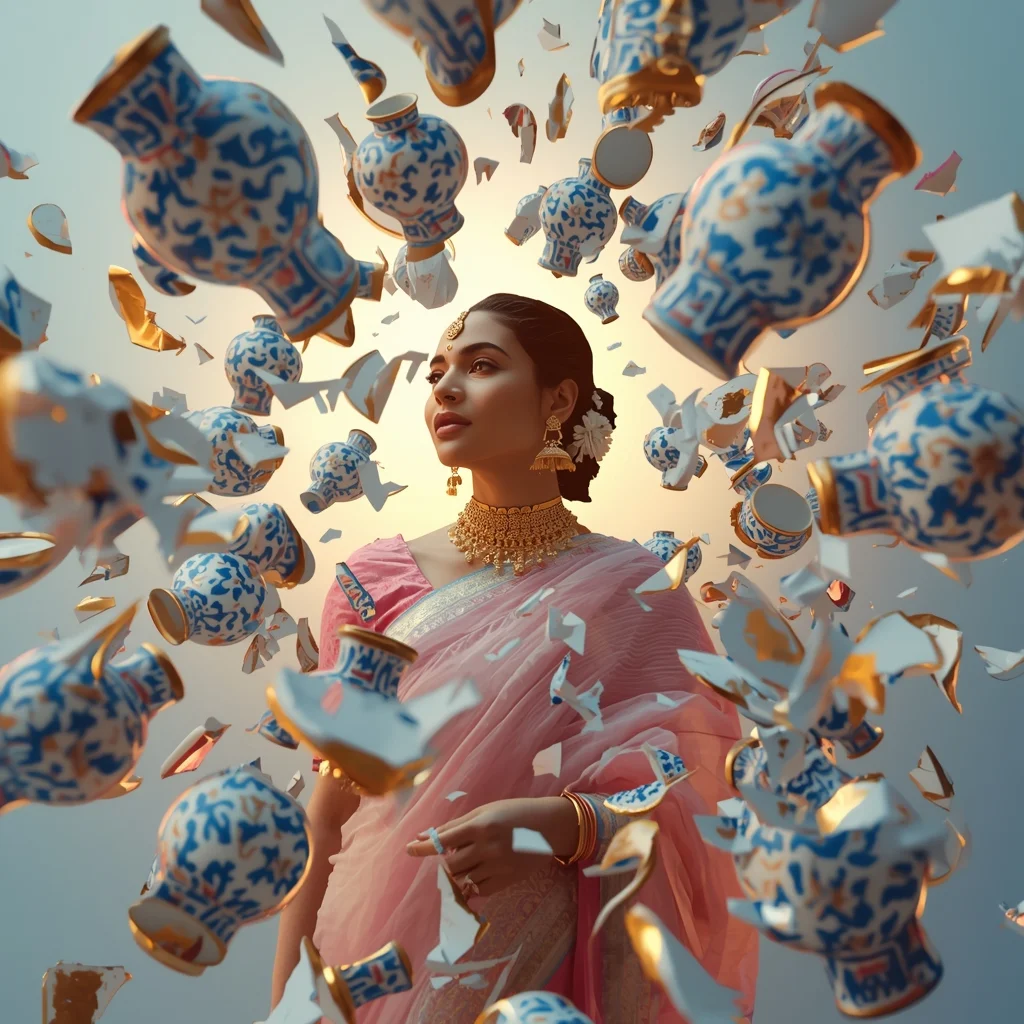Festive Pastel Saree Shattered Blue-Gold Porcelain Collage Cinematic Aesthetic | Traditional Saree Prompt For Chatgpt In English