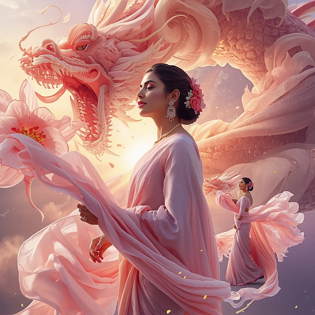 Festive Pastel Saree Singing Dragon Flower Silk Storm Collage | Mythic Chaos Prompt | Saree Prompt For Women