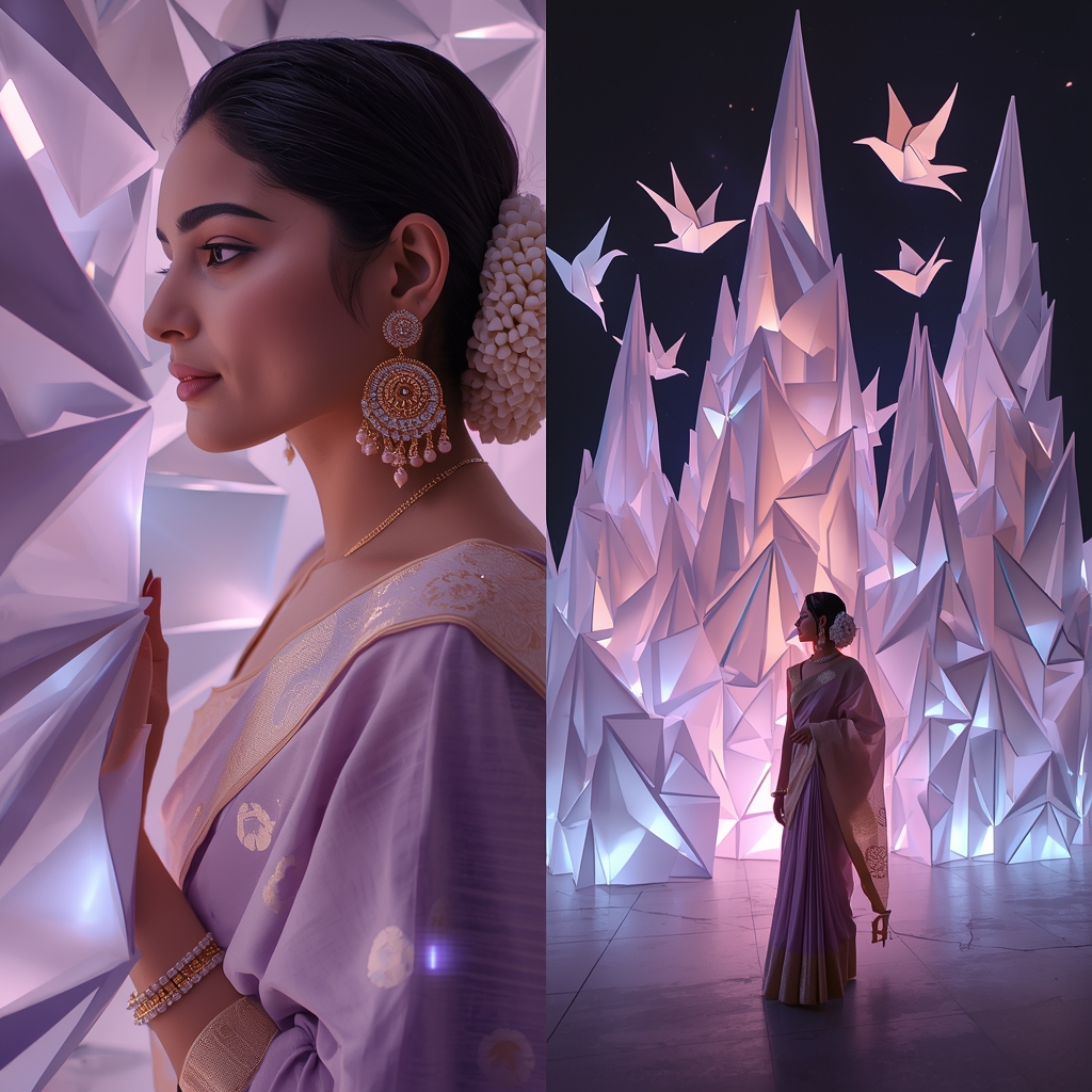 Festive Pastel Saree Solid Light Origami Folding Architecture Collage | Hyper-Dimensional Papercraft Prompt | Saree Photoshoot Prompt Ultra Realistic