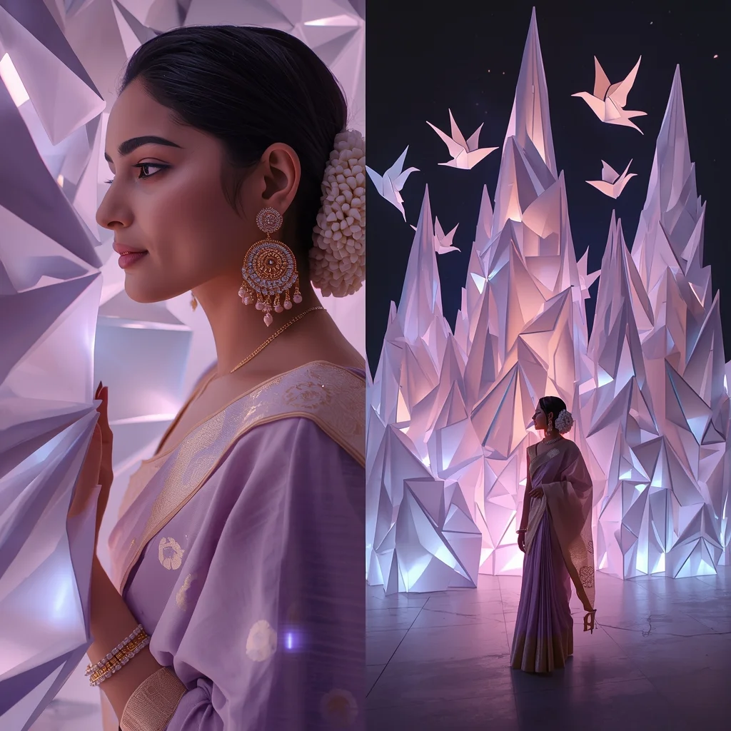 Festive Pastel Saree Solid Light Origami Folding Architecture Collage | Hyper-Dimensional Papercraft Prompt | Saree Photoshoot Prompt Ultra Realistic