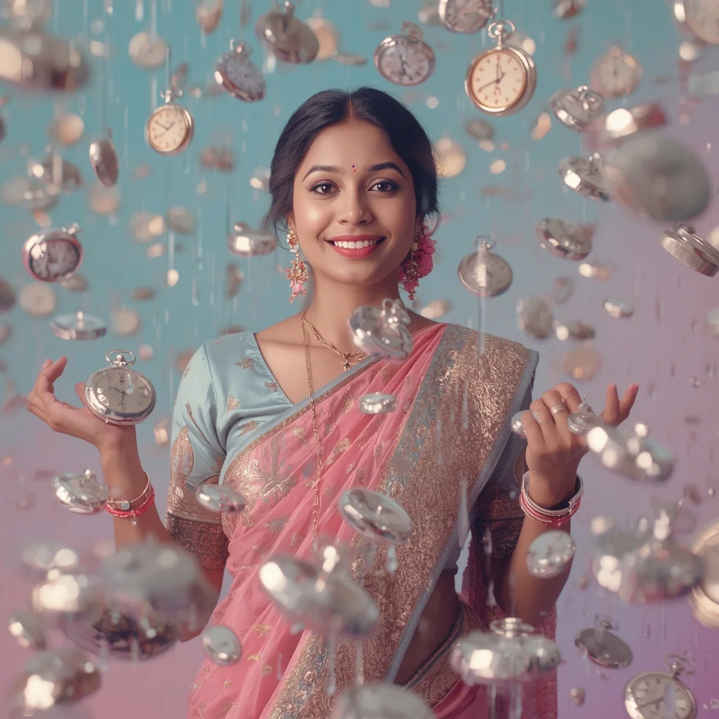 Festive Pastel Saree Ticking Silver Pocket Watch Rain Collage Dream Cinematic | Saree Prompt For Gemini Girl In English