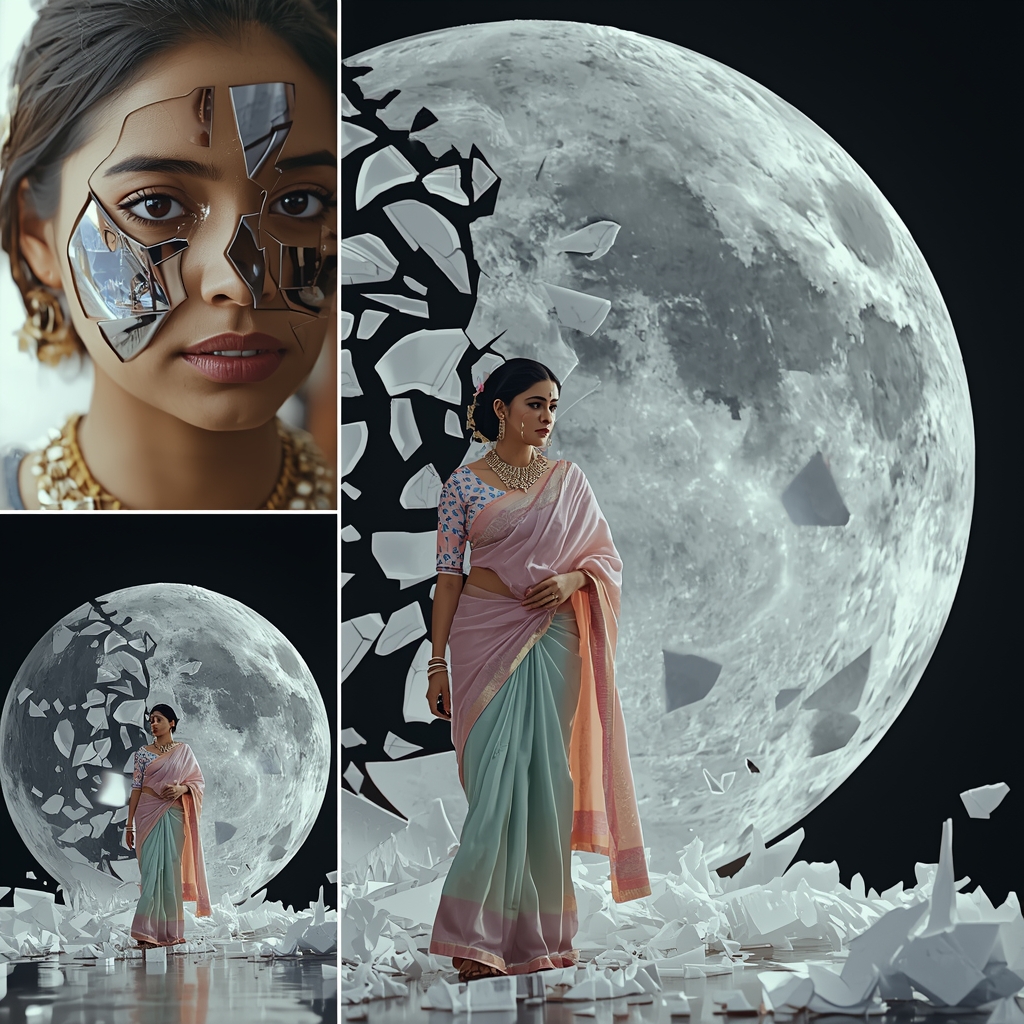 Festive Pastel Saree Time-Frozen Porcelain Shatter Collage Cinematic Aesthetic | Saree Pose Ai Prompt