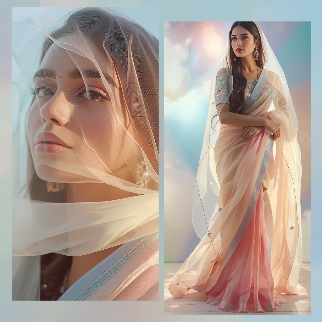 Festive Pastel Saree Translucent Glow Collage | Indian Girl Soft Fabric Aesthetic Cinematic Ultra Realistic Viral Prompt | Gemini Saree Prompt Text