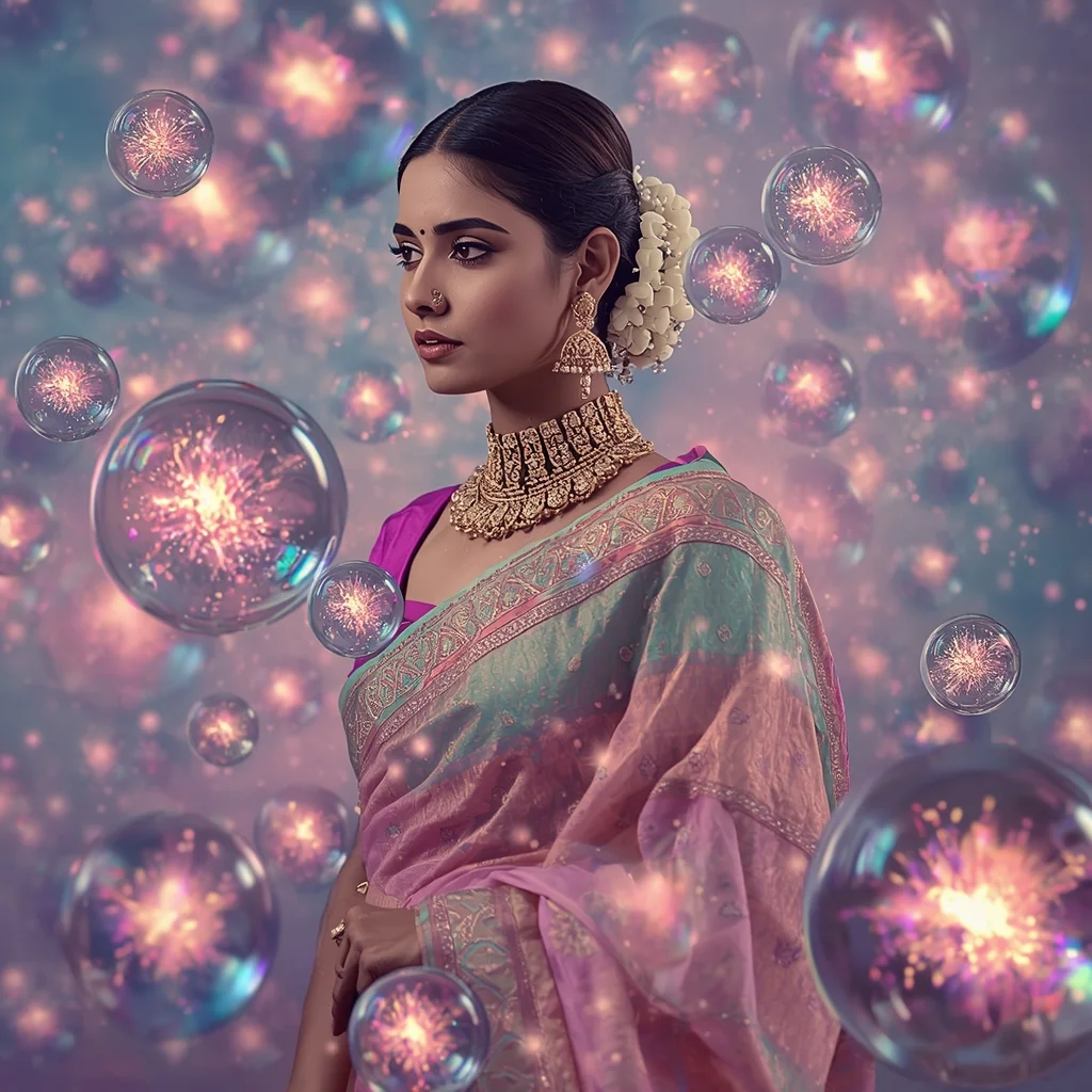 Festive Pastel Saree Trapped Supernova Glass Orb Collage Modern Cinematic | Saree Instagram Ai Prompt