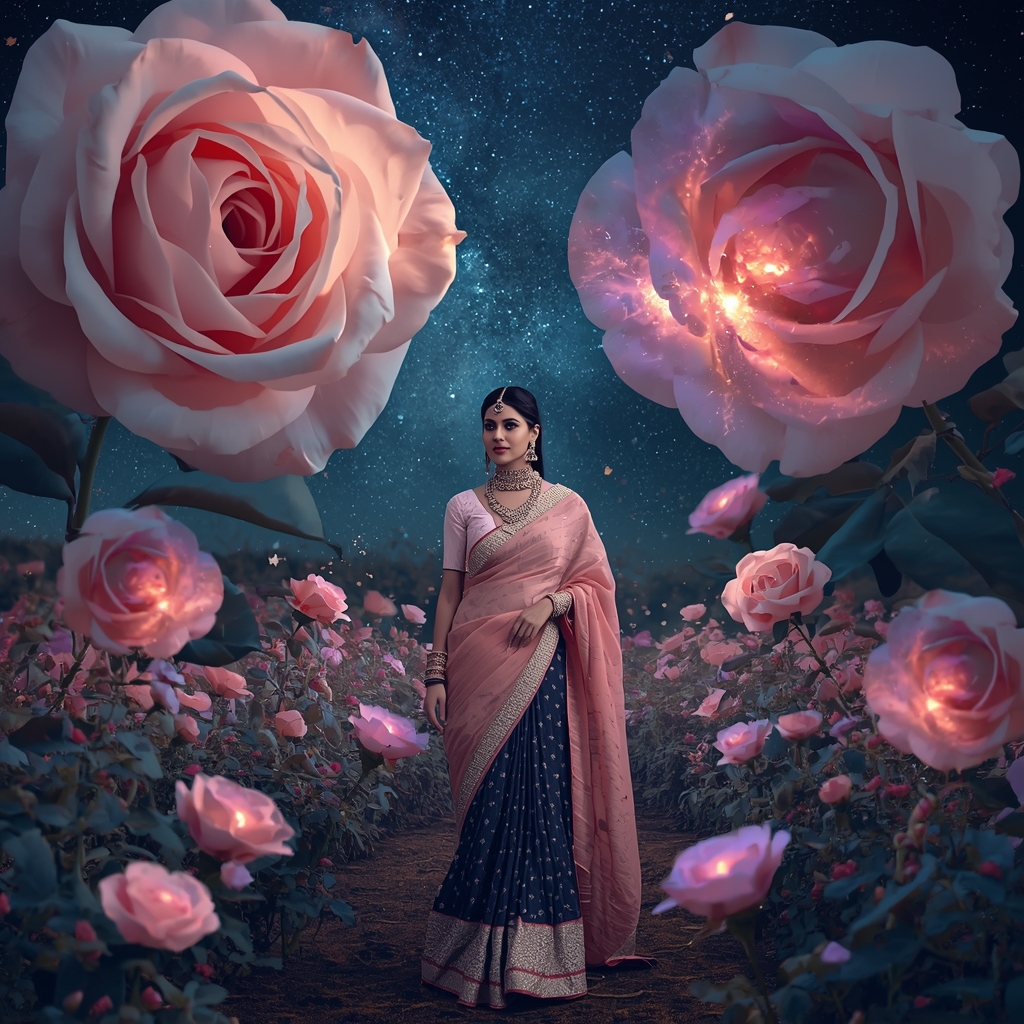 Festive Pastel Saree Velvet Midnight Galaxy Rose Garden Collage | Cosmic Bloom Sovereign Prompt | Prompt For Gemini Saree