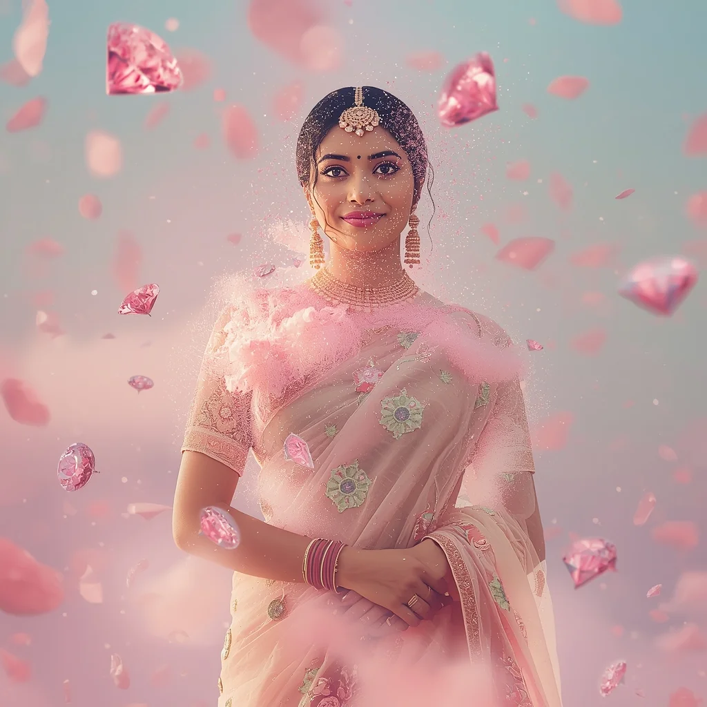 Festive Pastel Saree Zero-Gravity Pink Diamond Ash Collage Premium Cinematic | Prompt For Ai Image Generator For Social Media