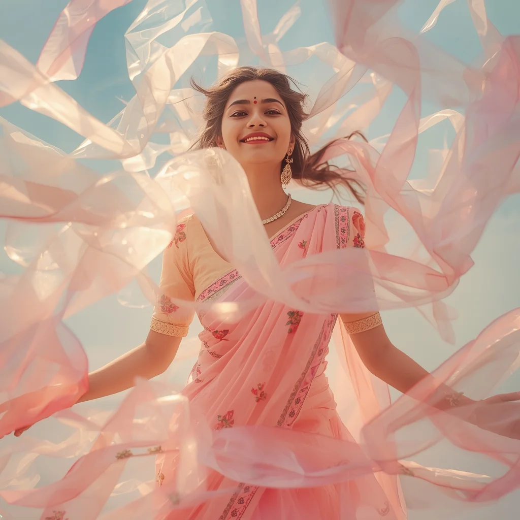 Festive Pastel Saree Zero-Gravity Translucent Silk Ribbon Collage Dream Cinematic | Gemini Girl Photo Prompt Indian Style