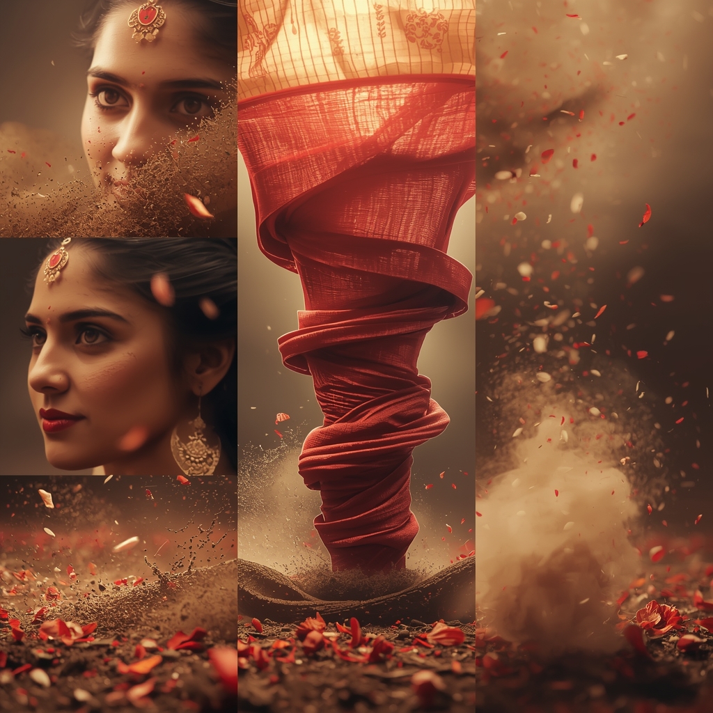 Festive Saree Fabric Tornado Spiral Ground Lift Collage | Earth Motion Prompt | Indian Bride Saree Ai Prompt