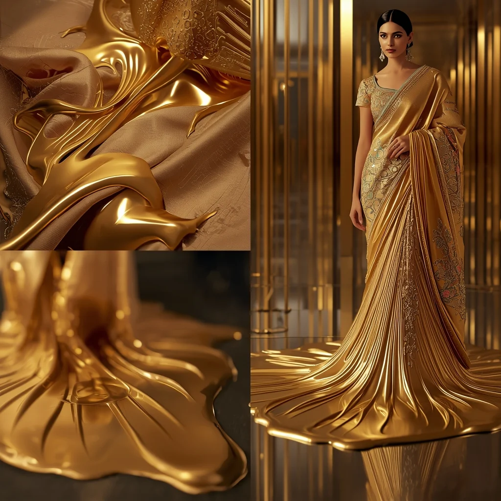 Festive Saree Liquid Gold Surface Melt Collage | Luxury Fluid Transformation Prompt | Saree Pose Ai Prompt