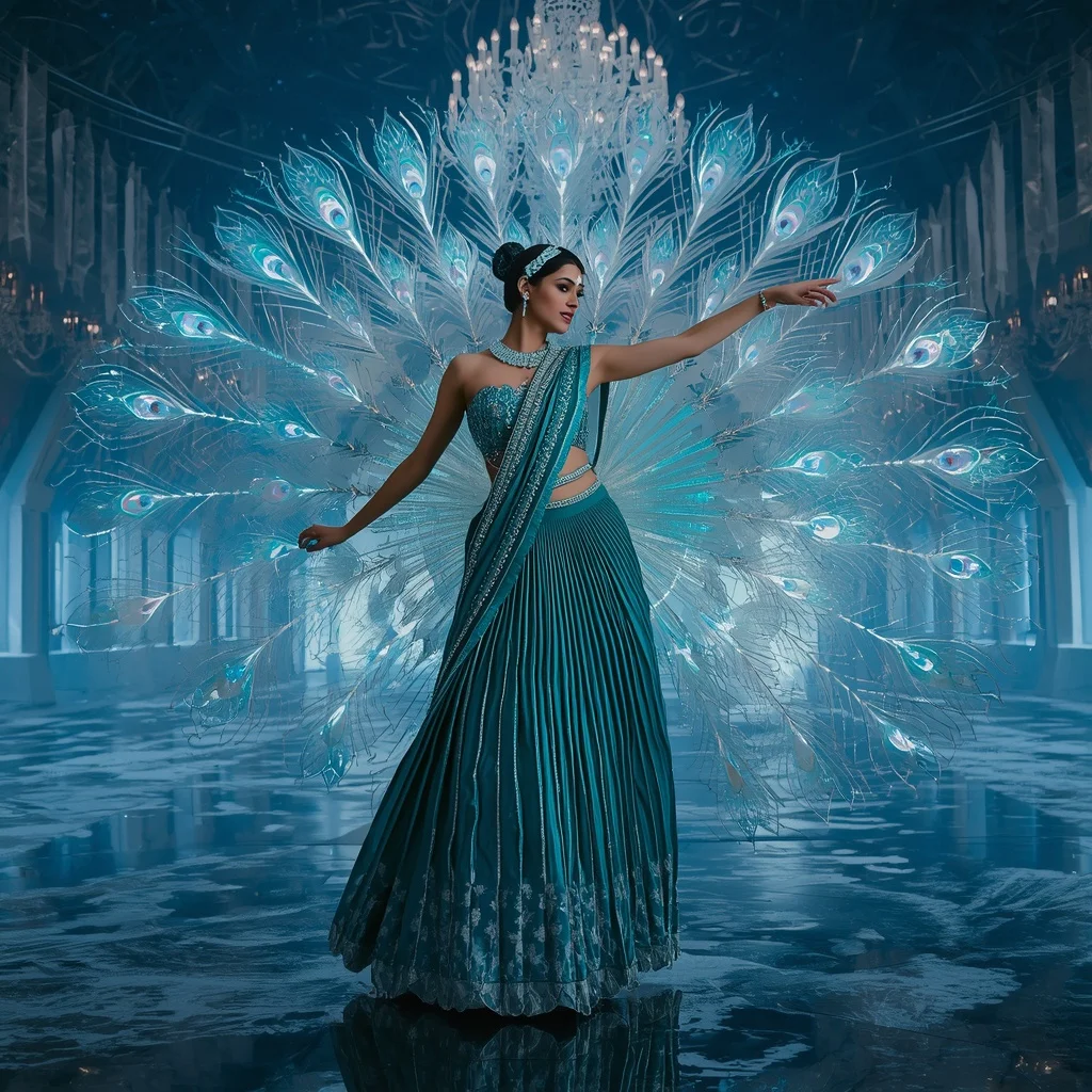 Floating Aurora Peacock Saree with Frozen Celestial Ballroom | Grok Ai Image Prompt