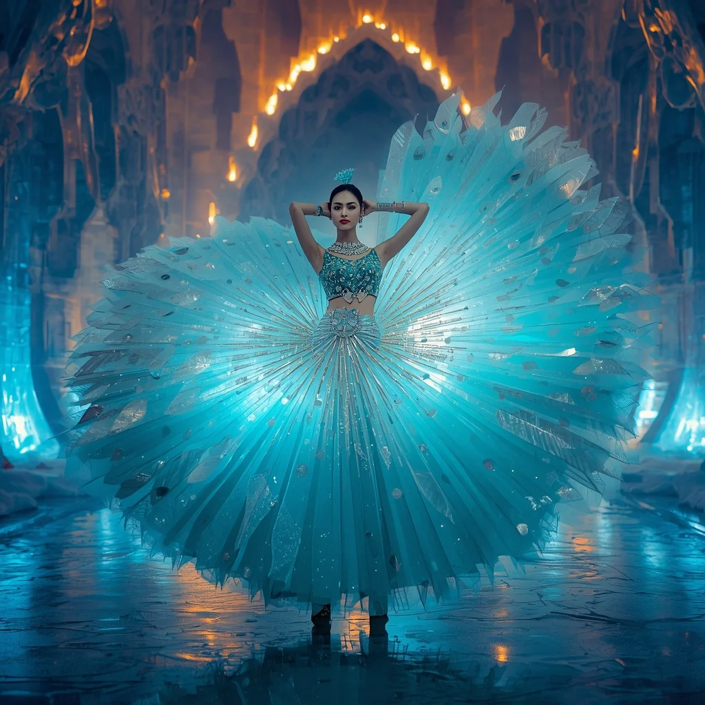 Floating Aurora Peacock Saree with Frozen Celestial Fire Palace | Chatgpt Photo Editing Prompts For Girl In Saree