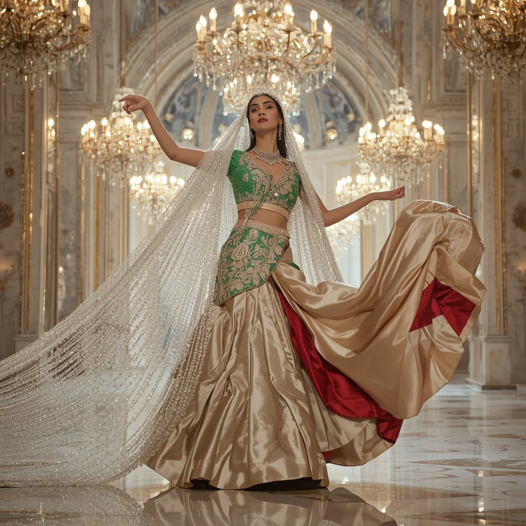 Floating Crystal Chandelier Saree with White Gold Celestial Cathedral | Bing Image Creator Girl Prompt