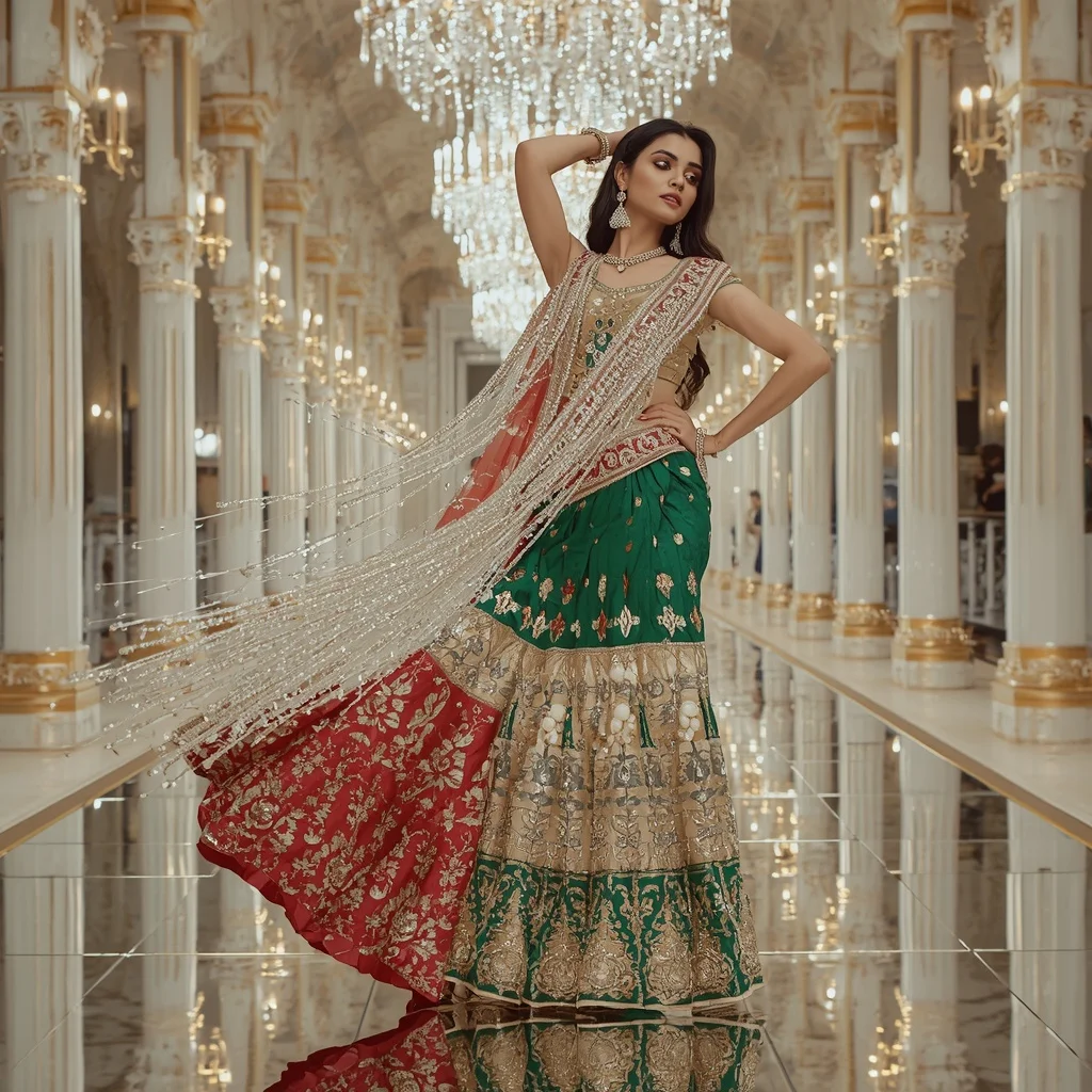 Floating Crystal Chandelier Saree with White Gold Celestial Infinity Palace | Traditional Saree Ai Prompt