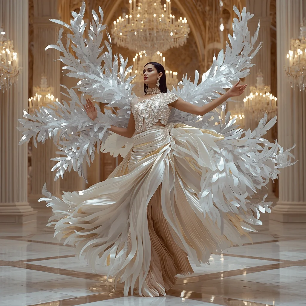 Floating Metallic Feather Saree with White Gold Celestial Fire Cathedral | South Indian Bride Ai Prompt