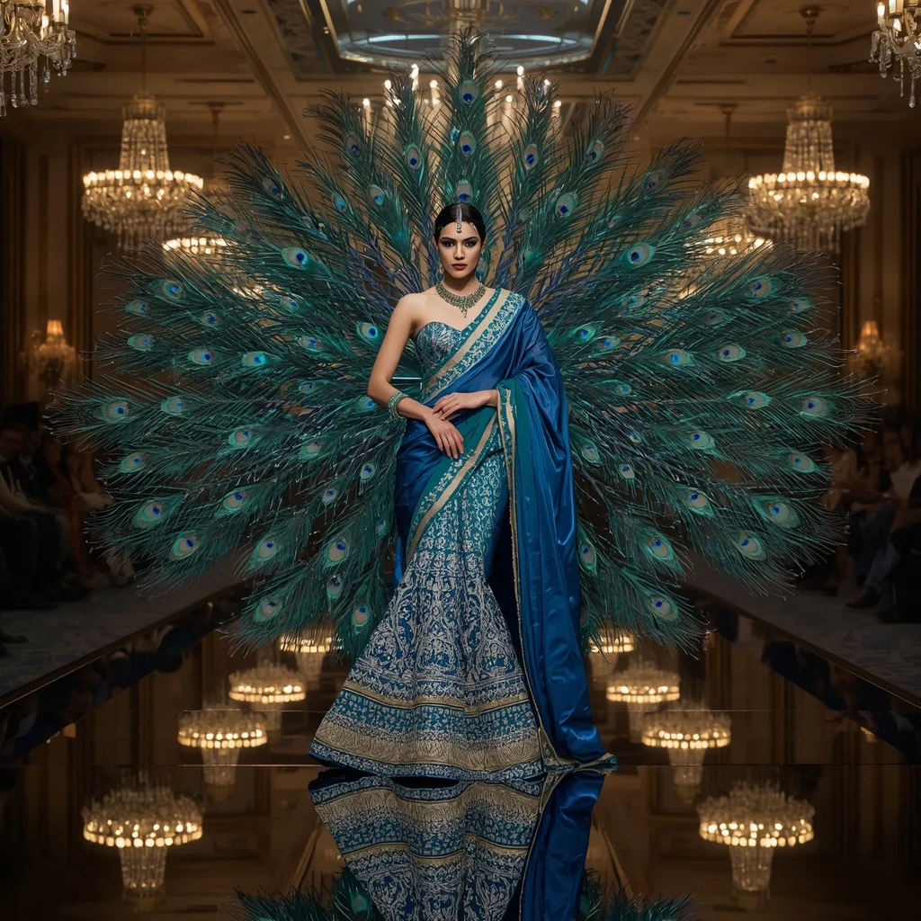 Floating Mirror Peacock Saree with Royal Reflection Infinity Hall | Copy Paste Ai Prompts