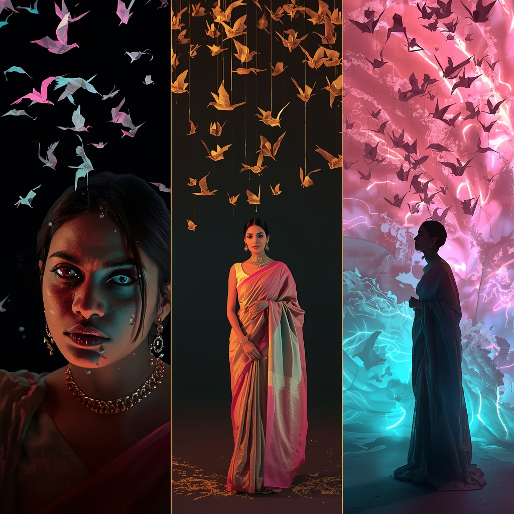 Floating Origami Phoenix Liquid Gold Saree Triptych Look | Gemini Saree Prompt For Woman