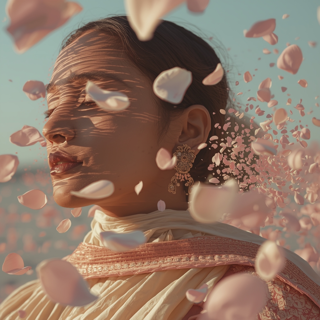 Floating Silk Petal Pastel Saree Image Prompt Soft Couture Dream Cinematic Collage Saree Prompt | Saree Look Ai Prompt Modern Style
