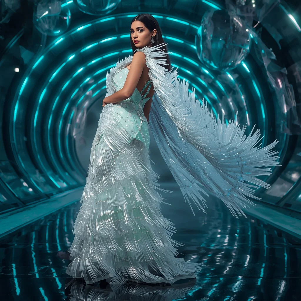 Frozen Moon Crystal Saree with Floating Neon Orbit Chamber | Best Ai Prompts 2026