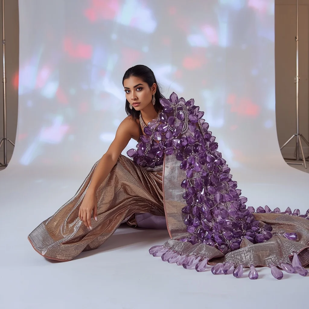 Futuristic 3D Liquid Amethyst & Platinum Grid Saree | Bridal Ai Prompt