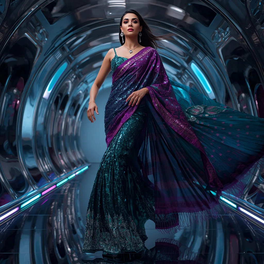 Galactic Peacock Sequin Saree with Curved Chrome Chamber | Saree Look Ai Prompt