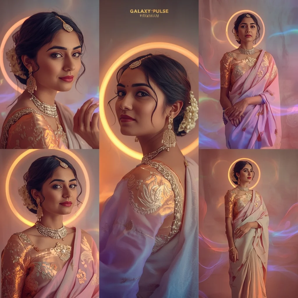 Galaxy Pulse Halo Wave Pastel Saree Indian Woman Luxury Composition | Female Model Ai Prompt